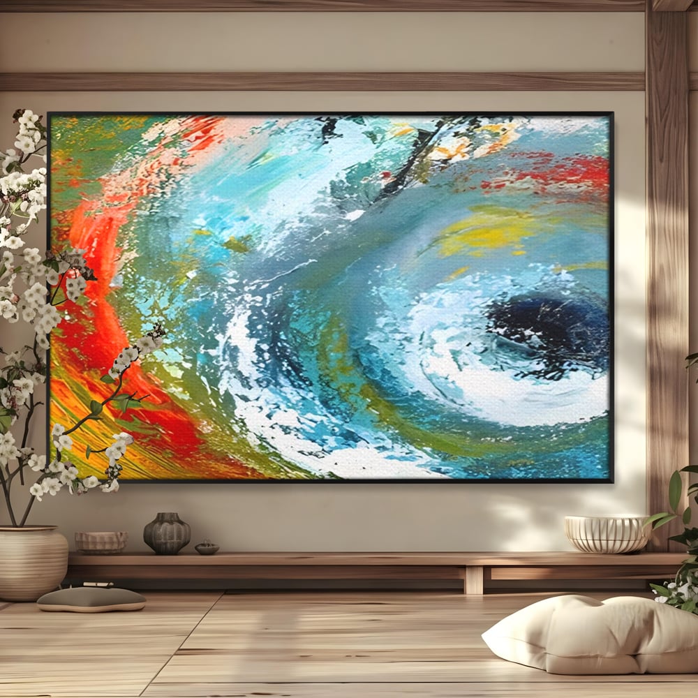Tablou canvas cu pictura abstracta cu vartej de culori, in rama de aluminiu negru
